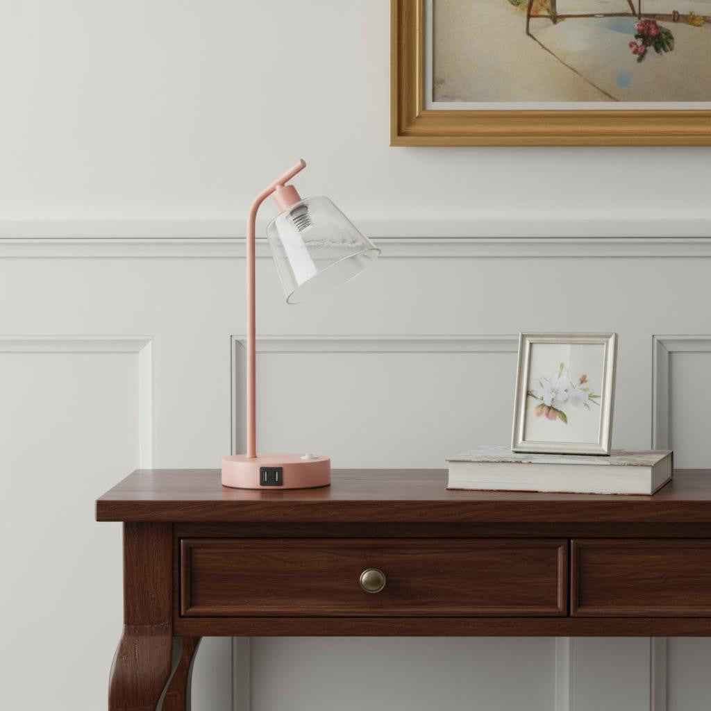 16" Blush Metal USB Table Lamp With Clear Globe Shade