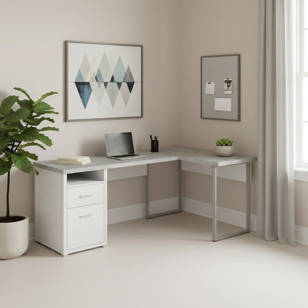 78" Gray and Silver L Shape Computer Desk With Two Drawers - Office Supplies