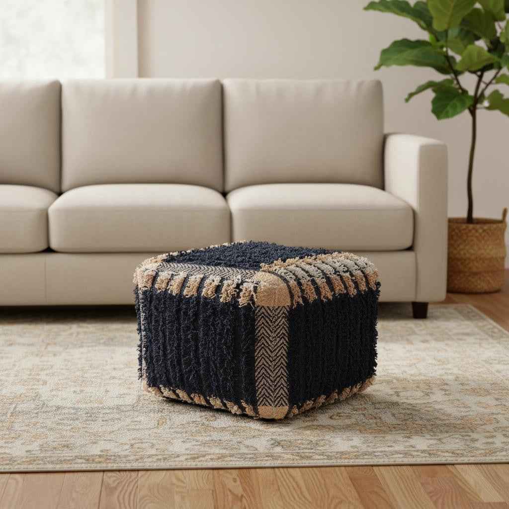 18" Blue Cotton Geometric Pouf Ottoman
