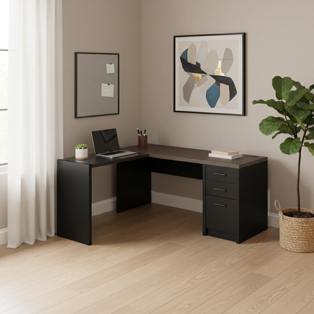 55" Gray and Black L Shape Computer Desk With Three Drawers - GreatEagleInc