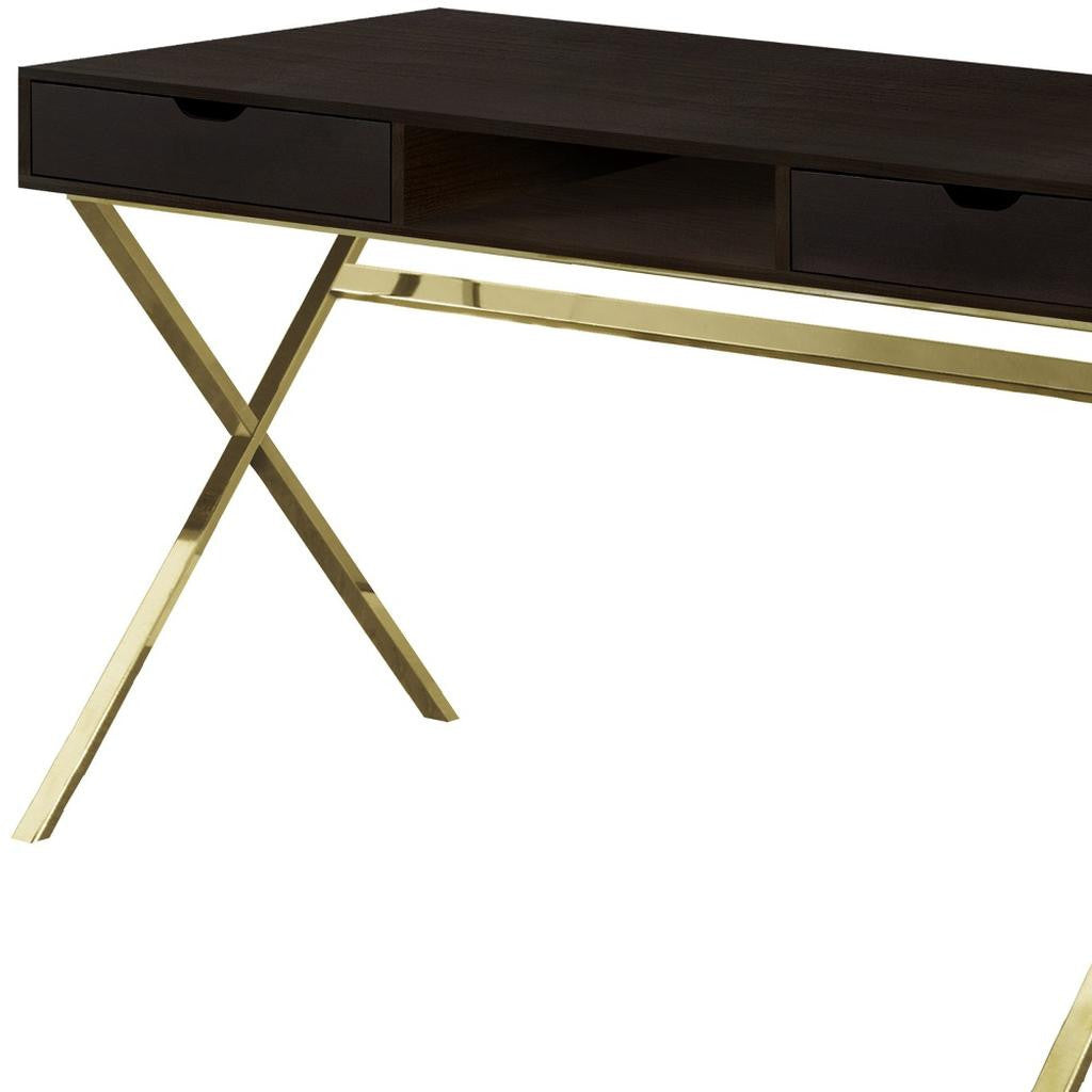 24" Dark Brown and Gold Computer Desk With Two Drawers - GreatEagleInc