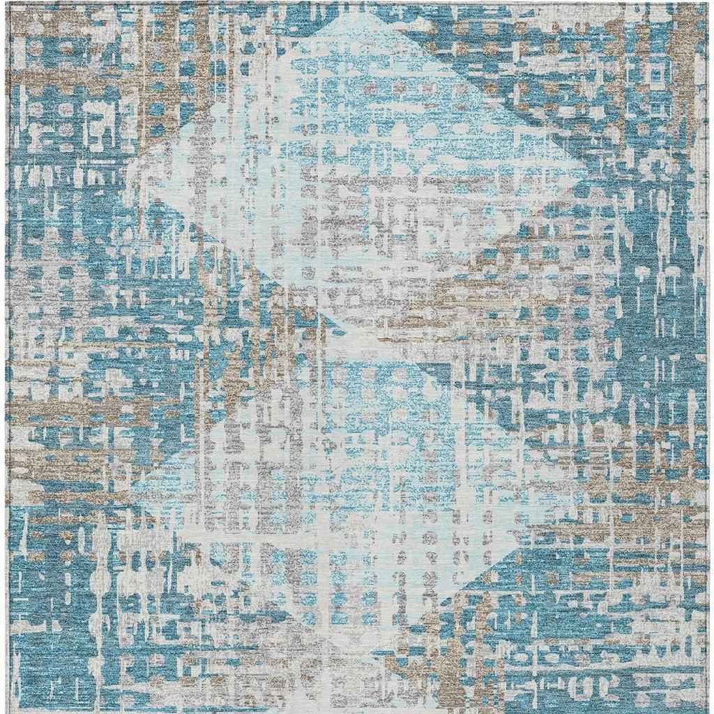 9' X 12' Teal Blue And Beige Geometric Washable Indoor Outdoor Area Rug