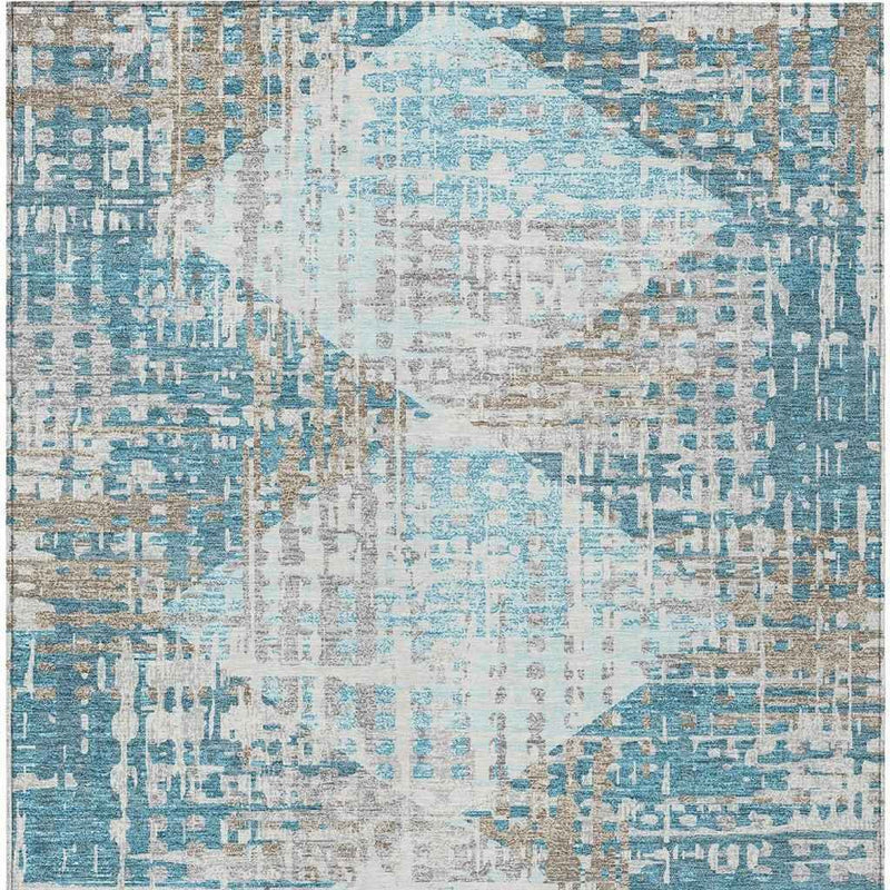 9' X 12' Teal Blue And Beige Geometric Washable Indoor Outdoor Area Rug