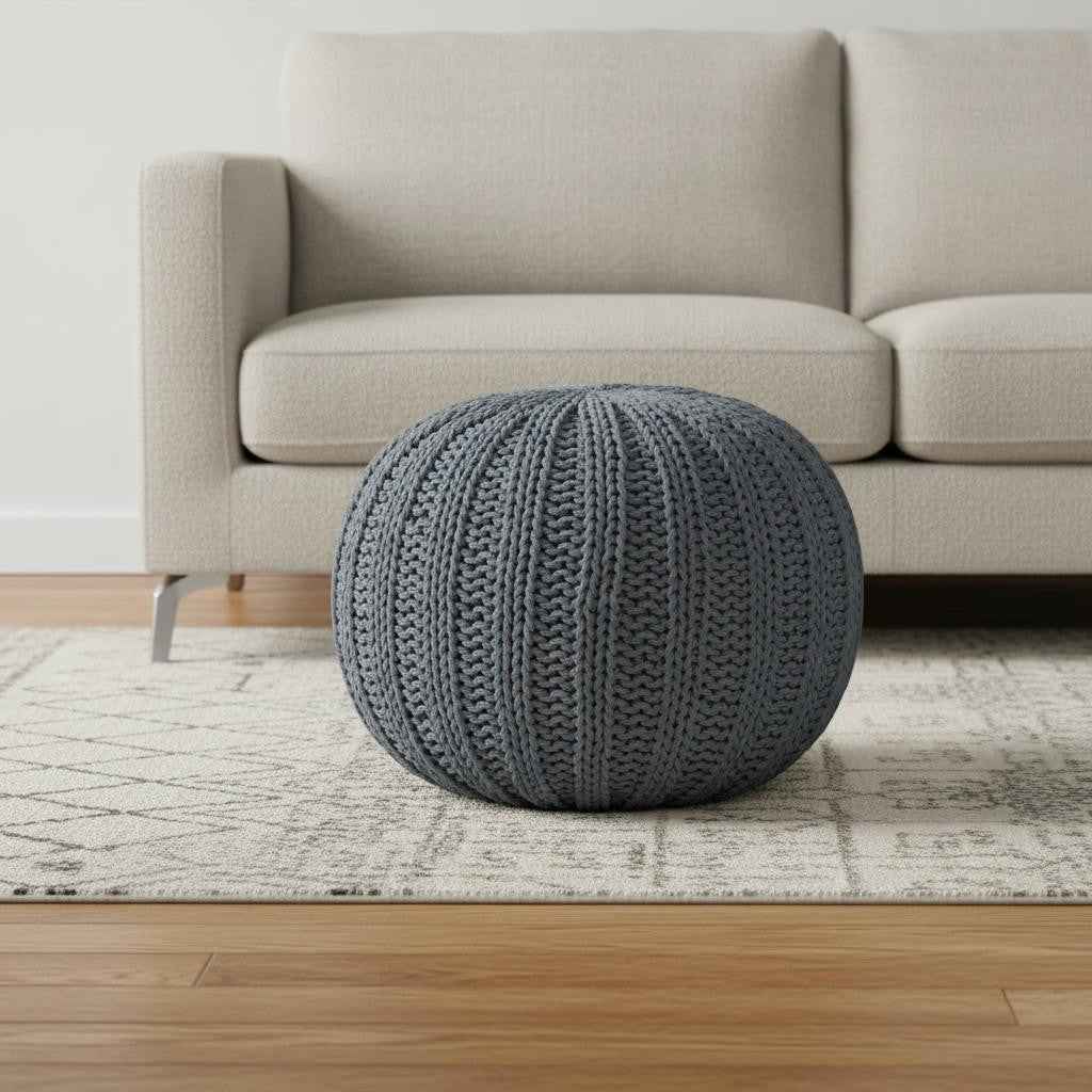 20" Gray Cotton Round Pouf Ottoman