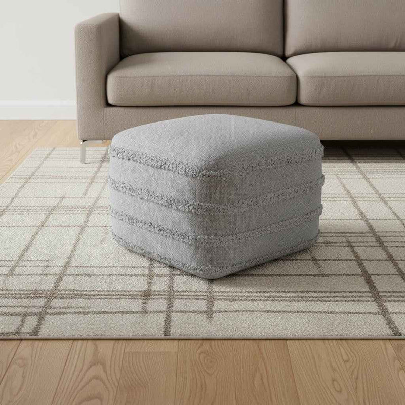 18" Gray Cotton Striped Pouf Ottoman
