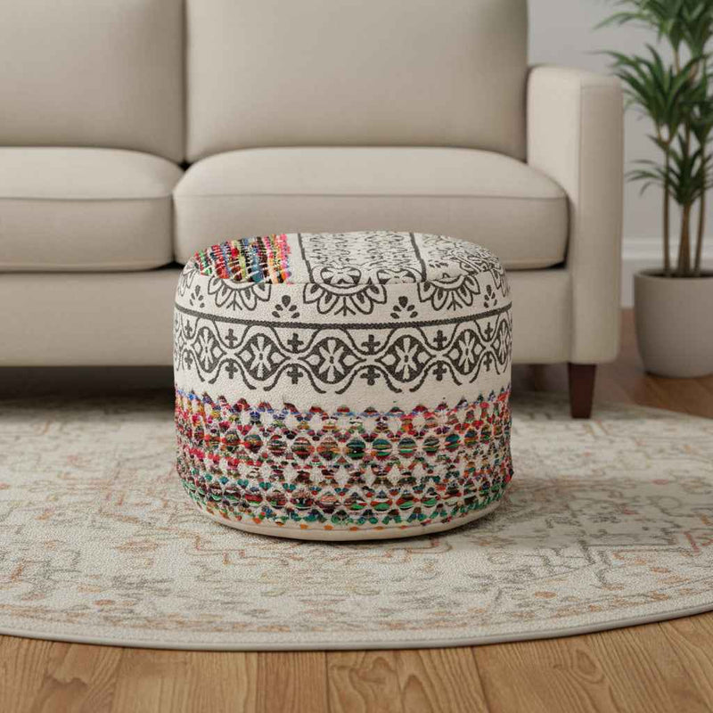 18" Rainbow And Gray Cylinder Geometric Pouf Ottoman