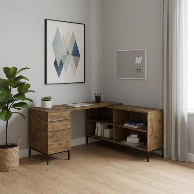 60" Brown and Black L Shape Computer Desk With Three Drawers - Office
