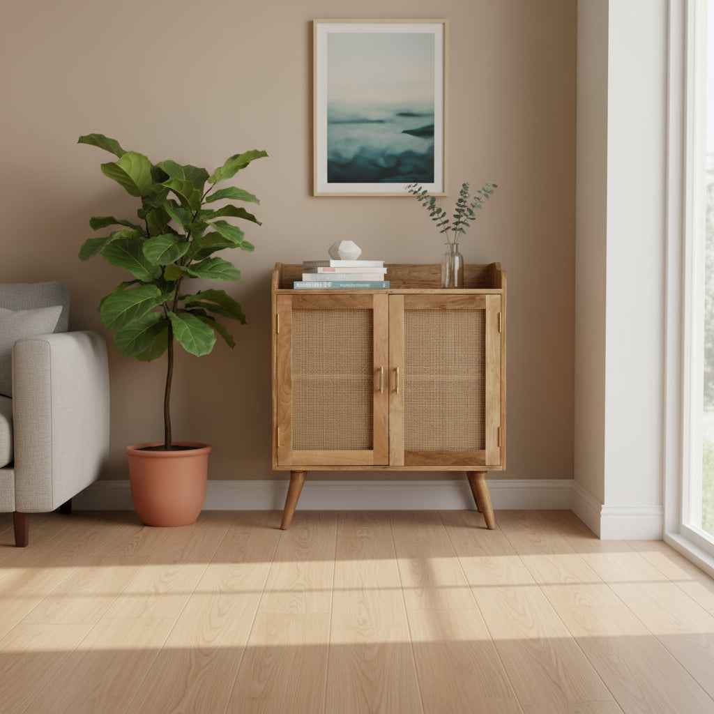 35" Brown Distressed Solid Wood Inlaid Rattan Accent Cabinet With Two Doors