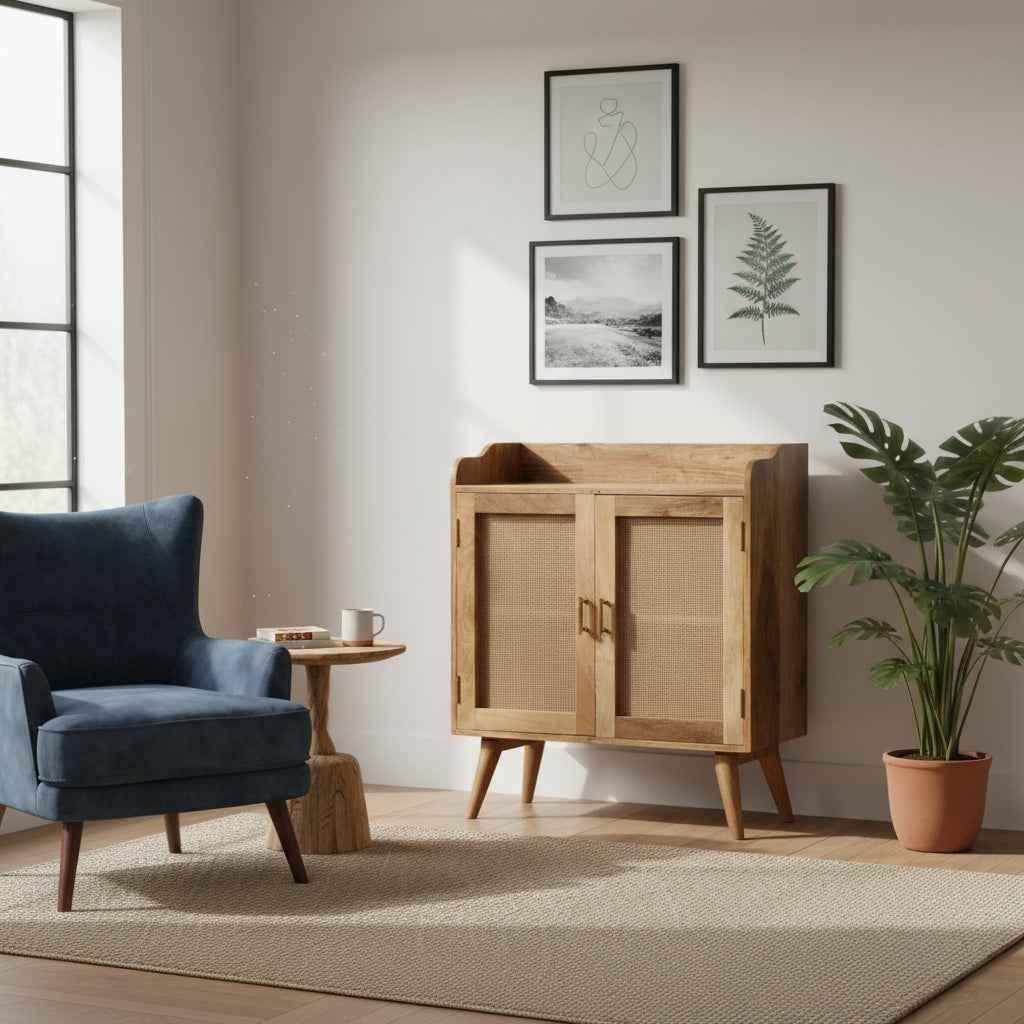 35" Brown Distressed Solid Wood Inlaid Rattan Accent Cabinet With Two Doors