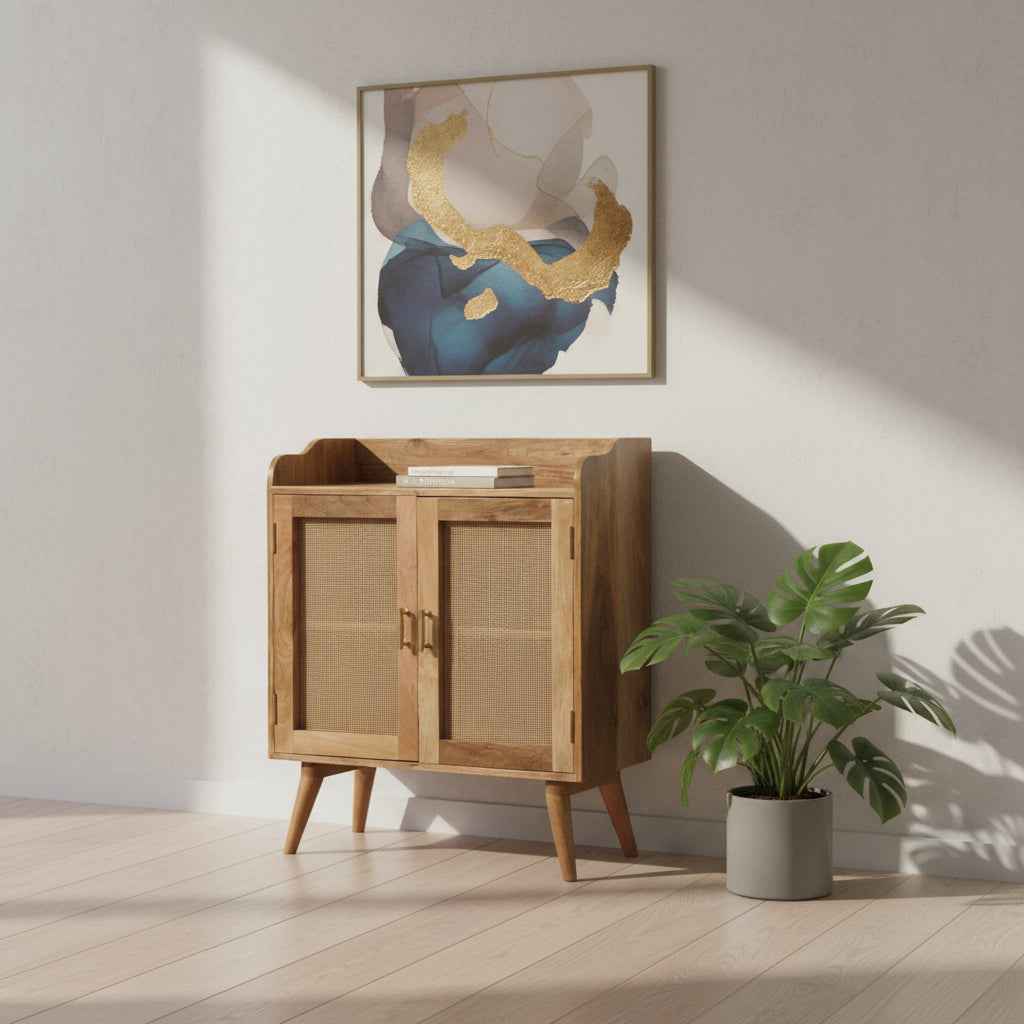 35" Brown Distressed Solid Wood Inlaid Rattan Accent Cabinet With Two Doors