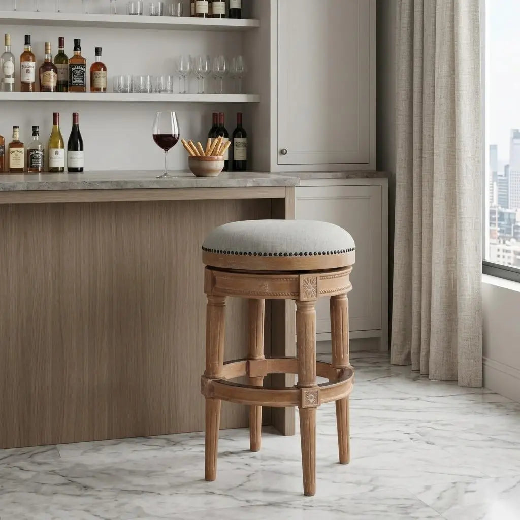 31" Beige And Natural Solid Wood Swivel Backless Bar Height Bar Chair Homeroots Living Room
