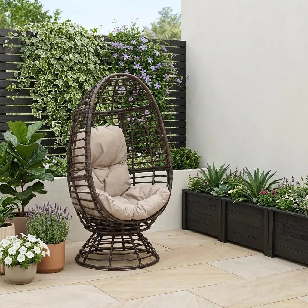 31" Beige Metal Outdoor Egg Chair with Brown Cushion Homeroots Outdoor