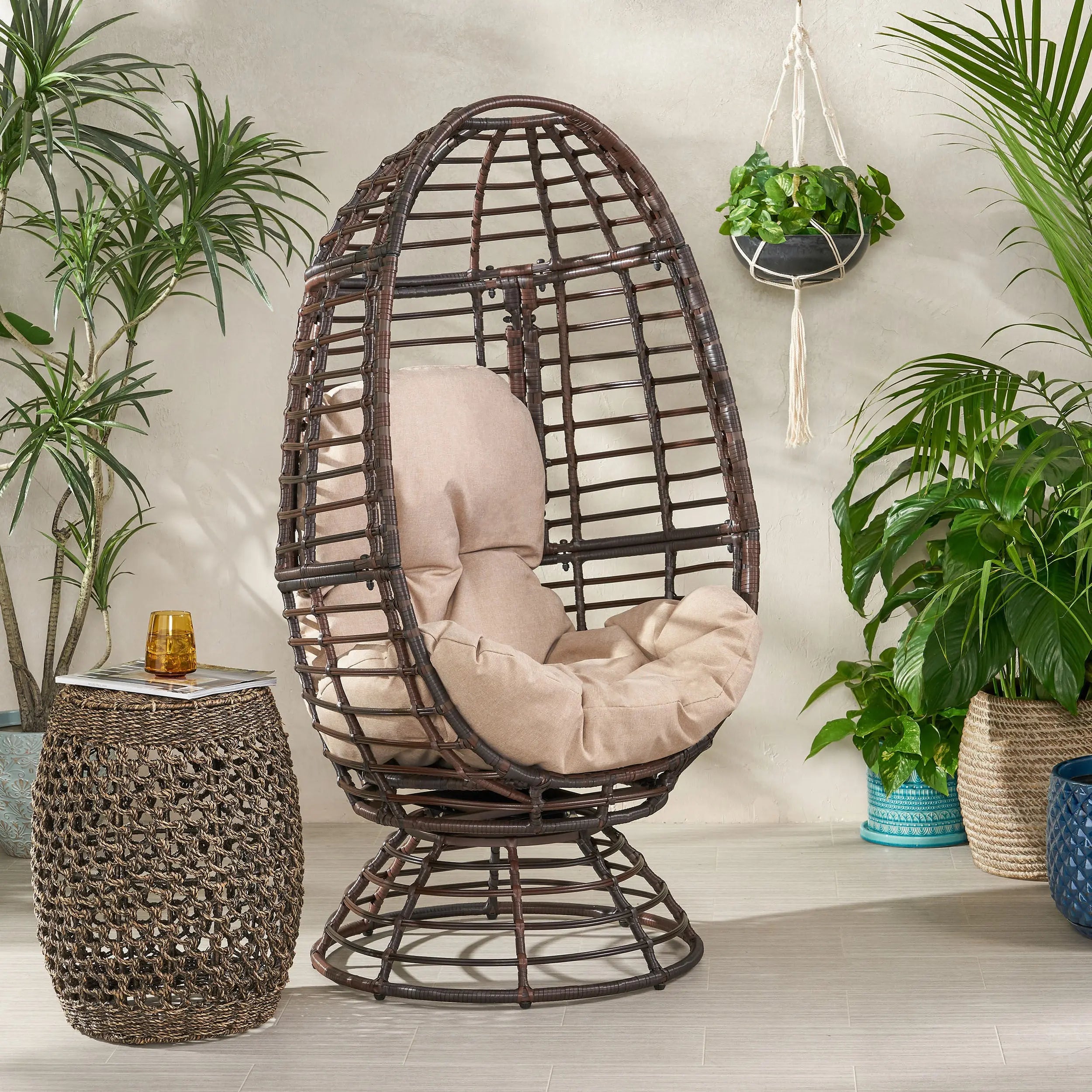 31" Beige Metal Outdoor Egg Chair with Brown Cushion Homeroots Outdoor