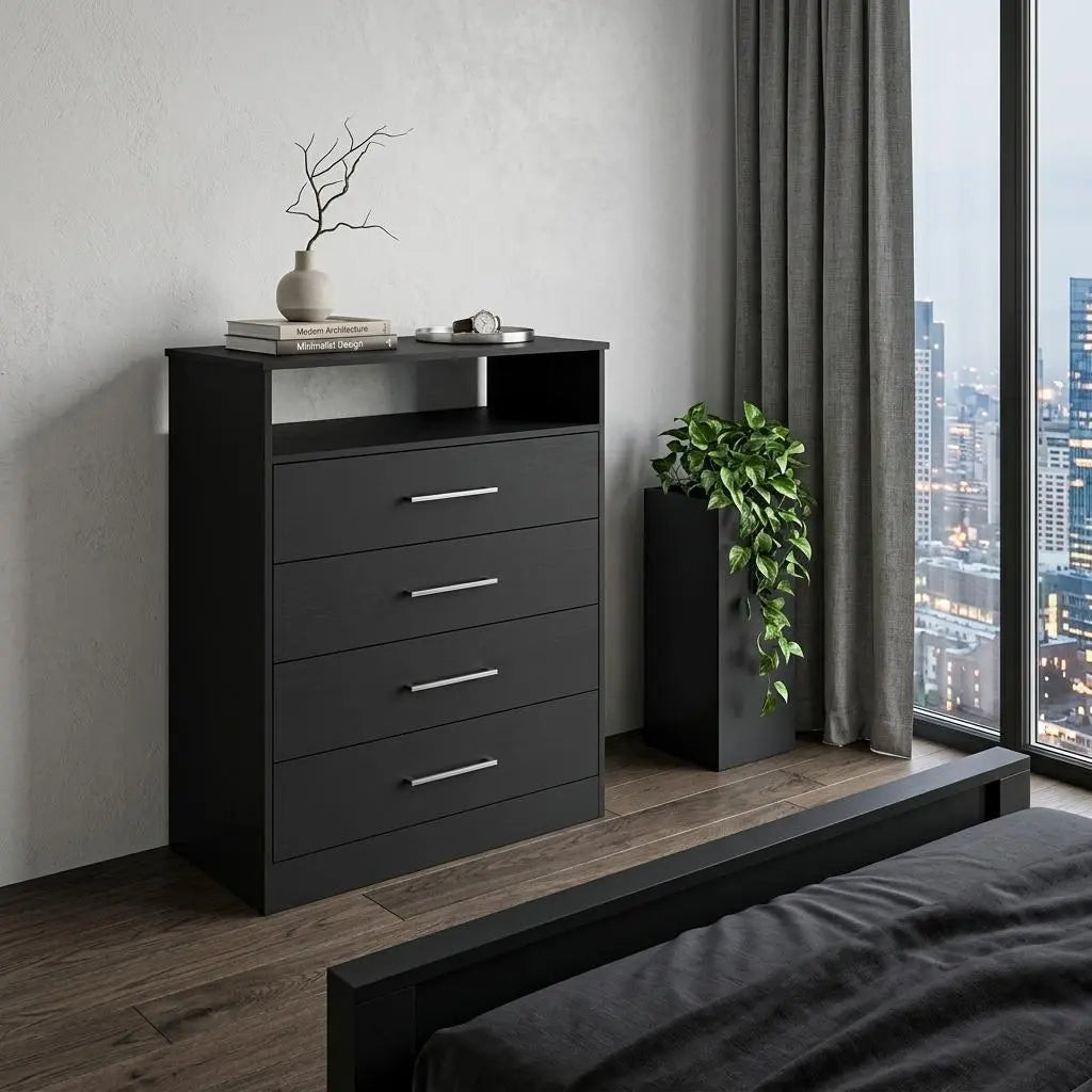 31" Black Wood Four Drawer Dresser Homeroots Bed & Bath