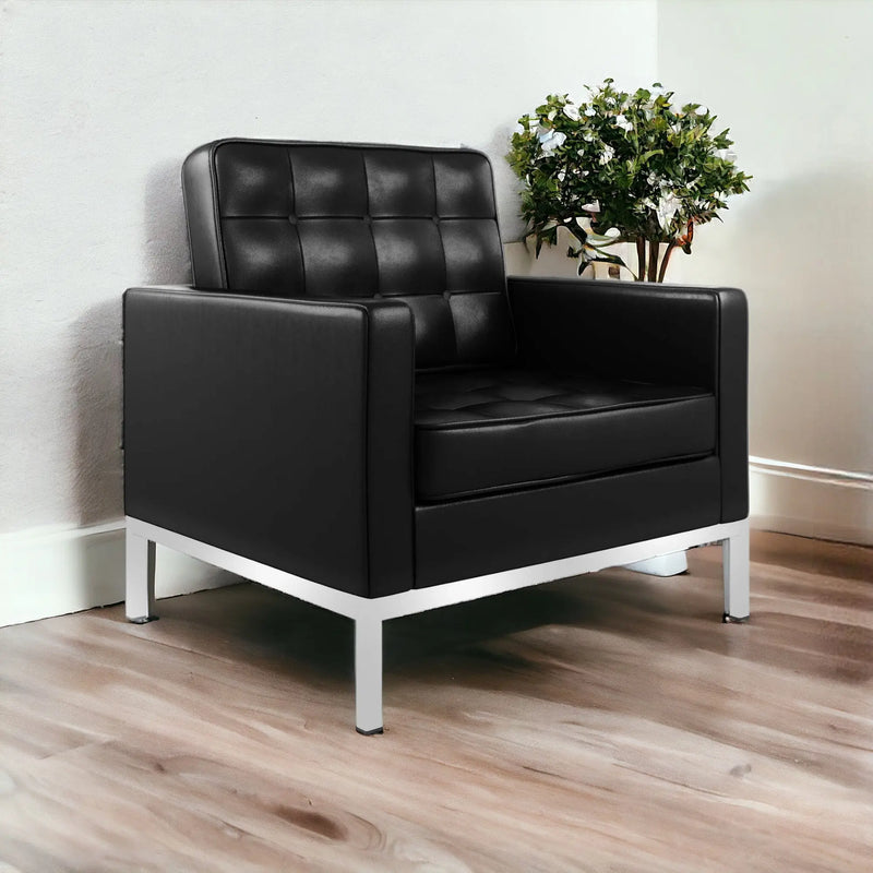 31" Black and Silver Italian Leather Tufted Club Chair Homeroots Living Room