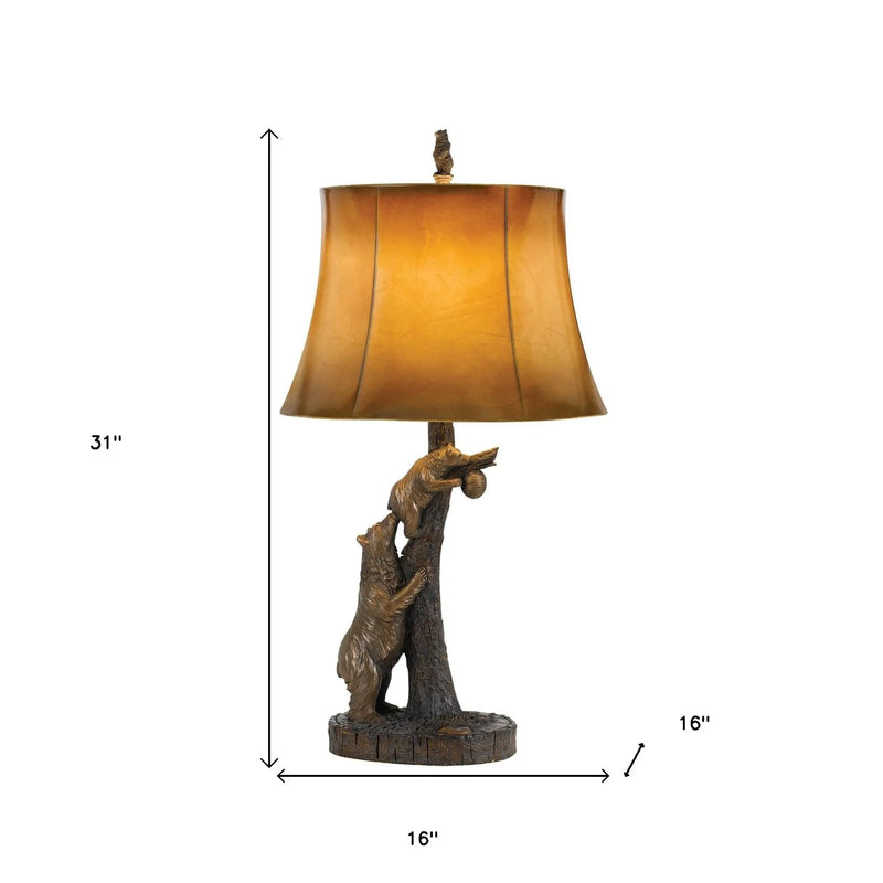 31" Bronze Bears After the Honey Table Lamp With Brown Faux Leather Shade - GreatEagleInc