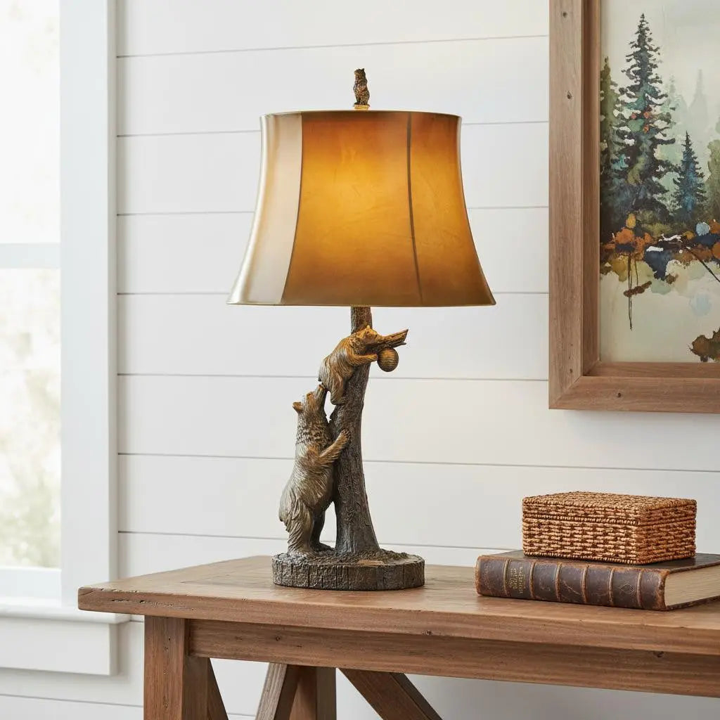 31" Bronze Bears After the Honey Table Lamp With Brown Faux Leather Shade - GreatEagleInc