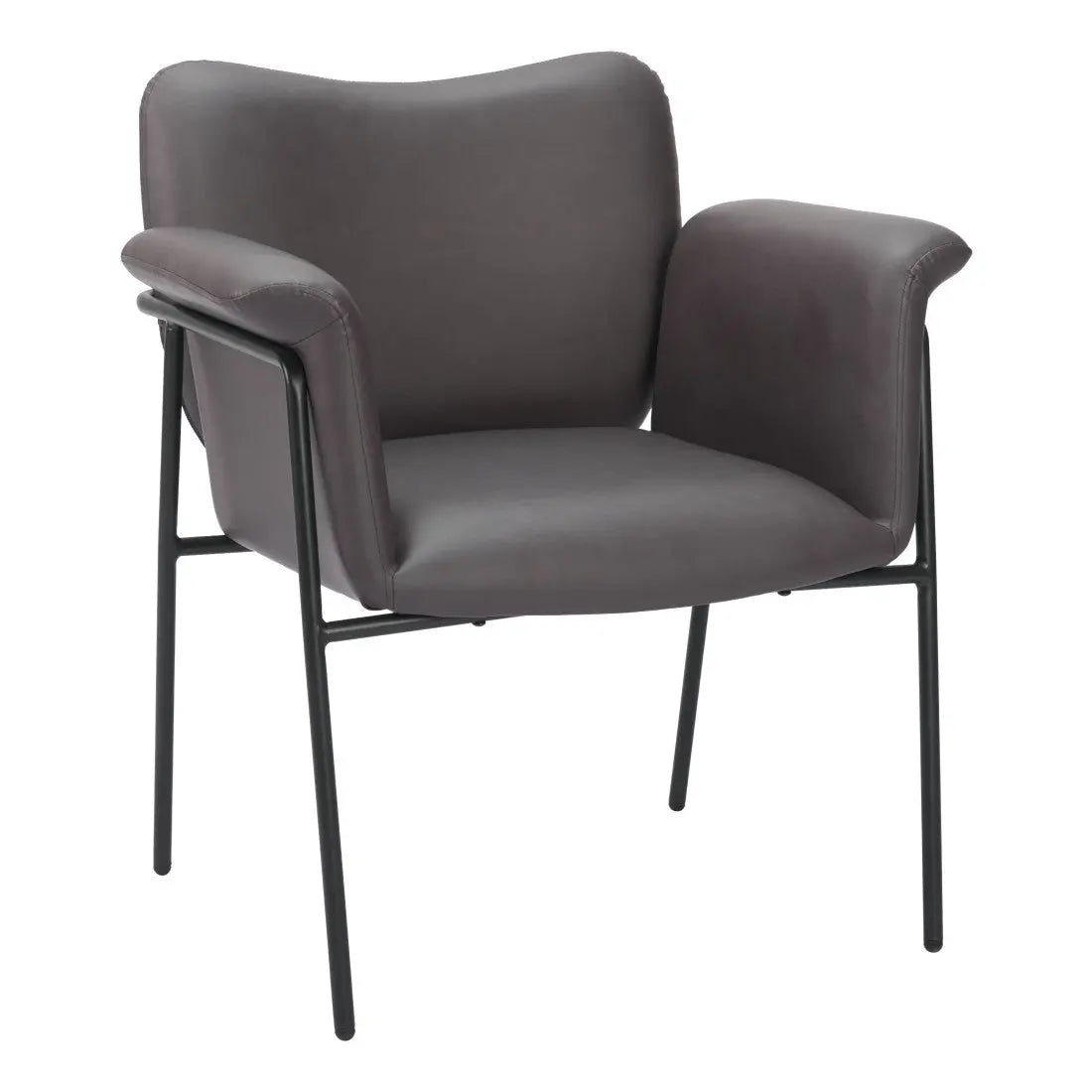 Gray faux leather accent chair with black metal frame and modern minimalist design. Ideal for stylish living spaces.