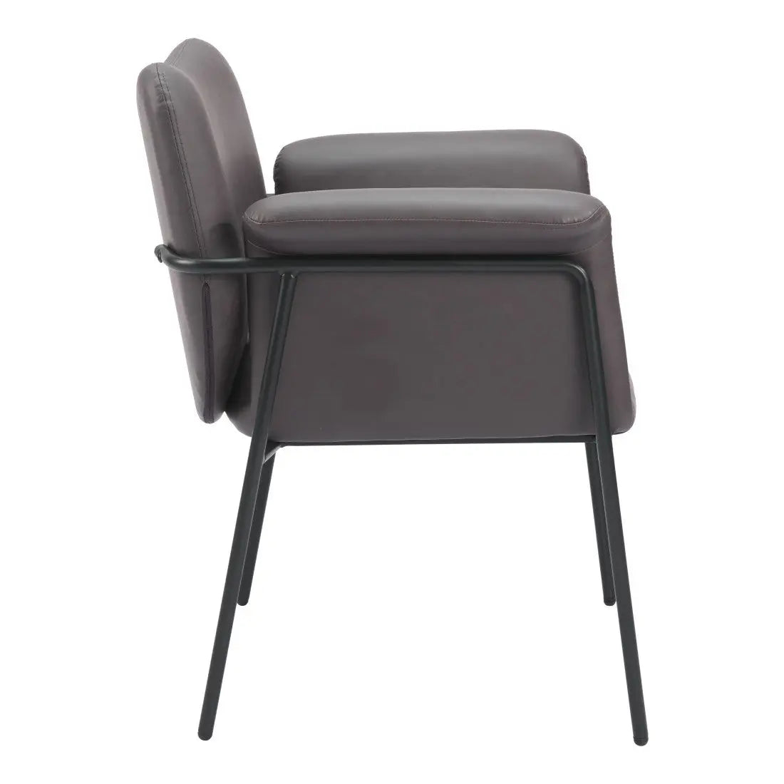 Stylish gray leather chair with a sleek black metal frame, perfect for modern home decor.