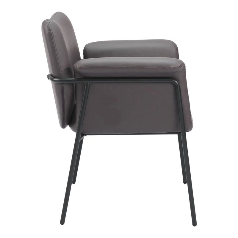 Stylish gray leather chair with a sleek black metal frame, perfect for modern home decor.