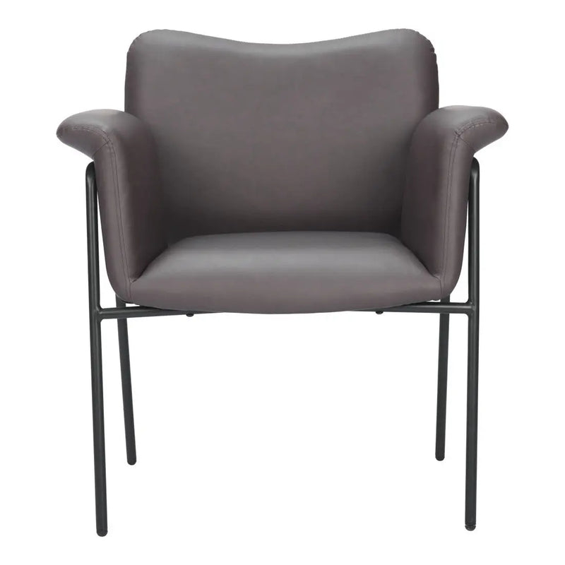 Modern gray leather accent chair with plush arms and sleek black metal frame. Ideal for contemporary interiors.