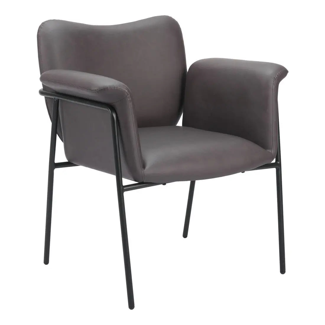 Elegant grey faux leather armchair with black metal frame, perfect for modern living rooms or offices.
