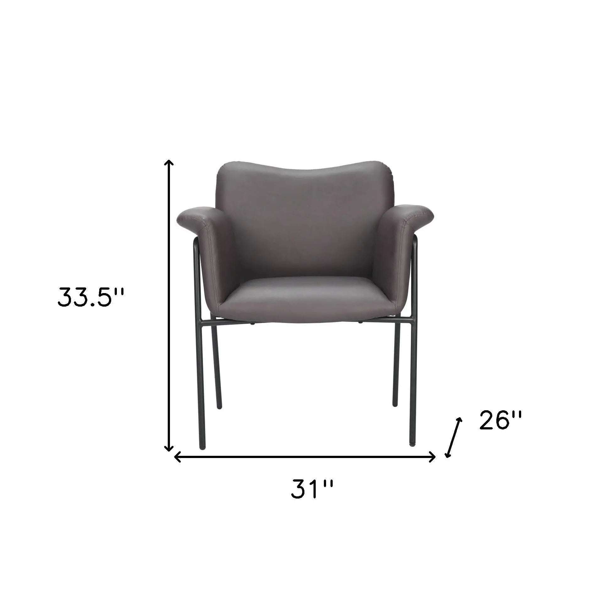Modern gray faux leather armchair with metal frame, 33.5'' height, 31'' width, and 26'' depth.