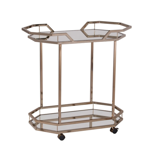 31" Champagne Iron and Mirrored Glass Octagonal Rolling Bar Cart Homeroots Kitchen & Dining