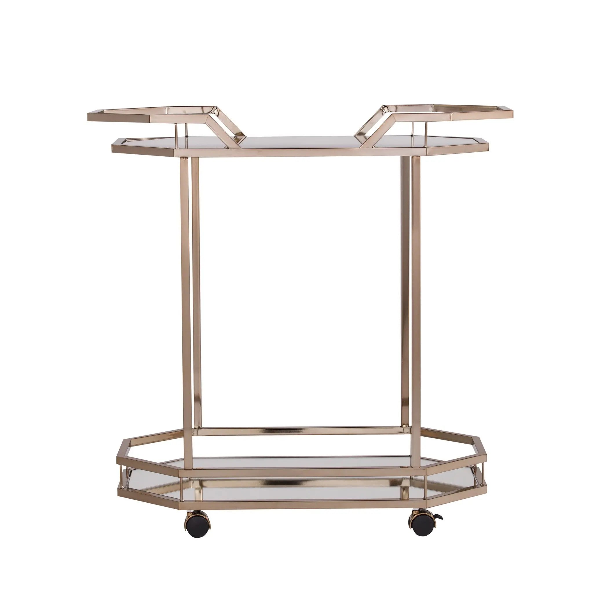 31" Champagne Iron and Mirrored Glass Octagonal Rolling Bar Cart Homeroots Kitchen & Dining