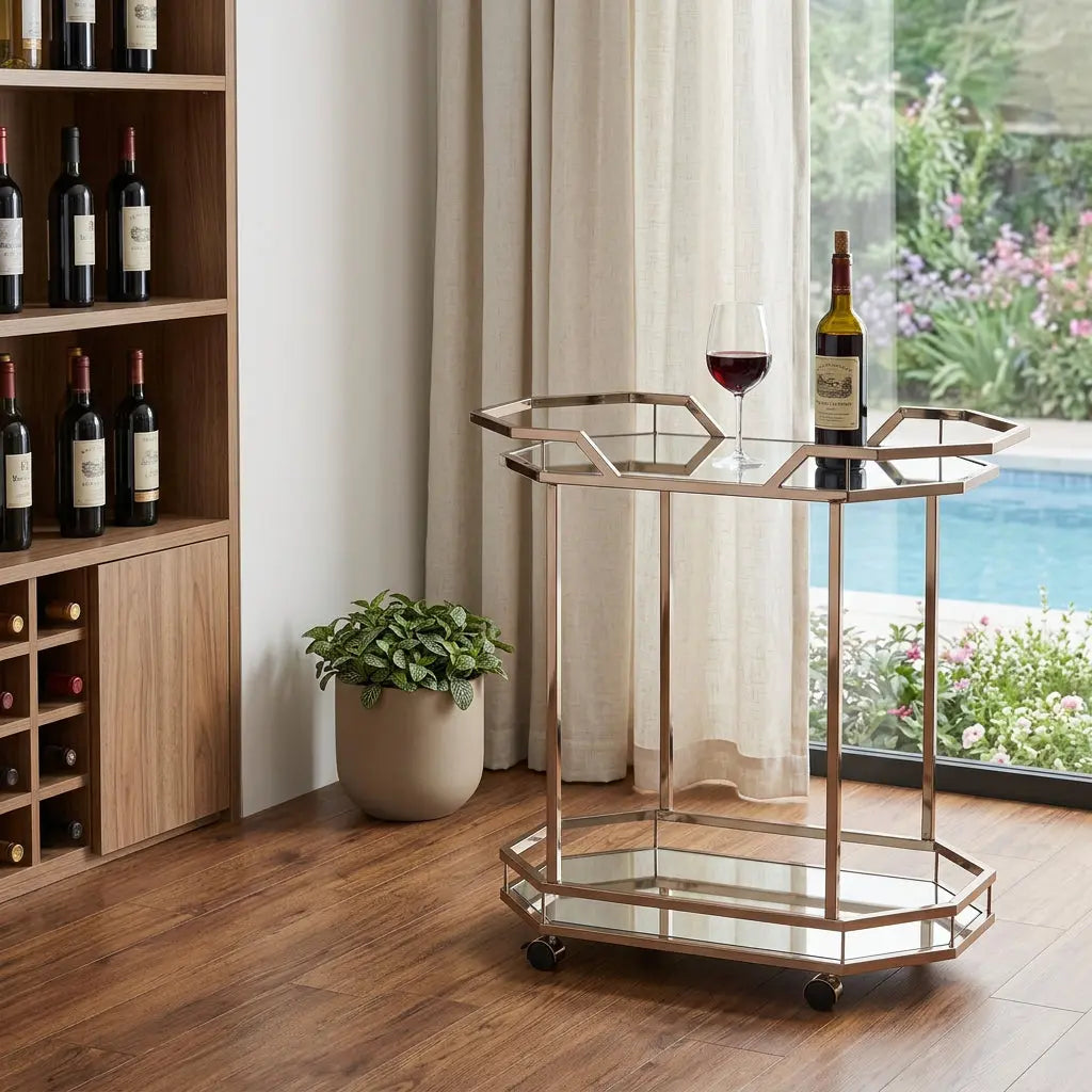 31" Champagne Iron and Mirrored Glass Octagonal Rolling Bar Cart Homeroots Kitchen & Dining