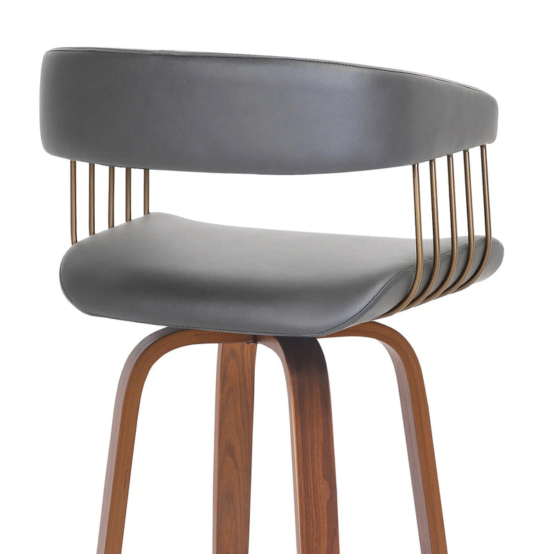 31" Gray And Wood Brown Faux Leather Swivel Bar Height Bar Chair Homeroots Living Room