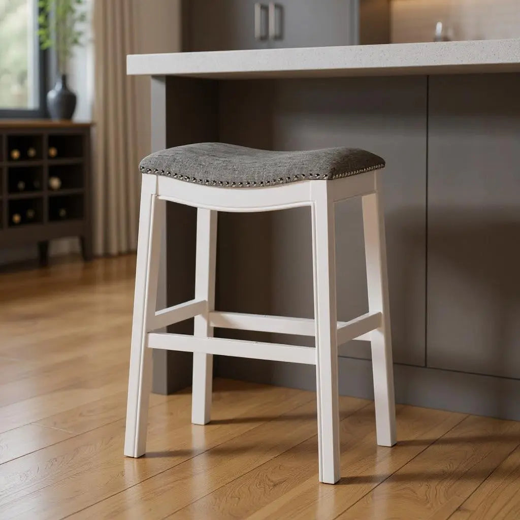 31" Light Gray And White Upholstered And Solid Wood Backless Bar Height Bar Chair Homeroots Living Room