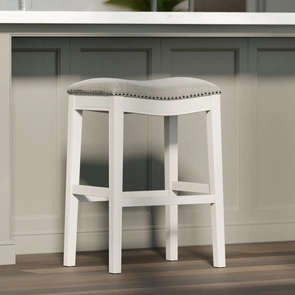 31" Light Gray And White Upholstered And Solid Wood Backless Bar Height Bar Chair Homeroots Living Room