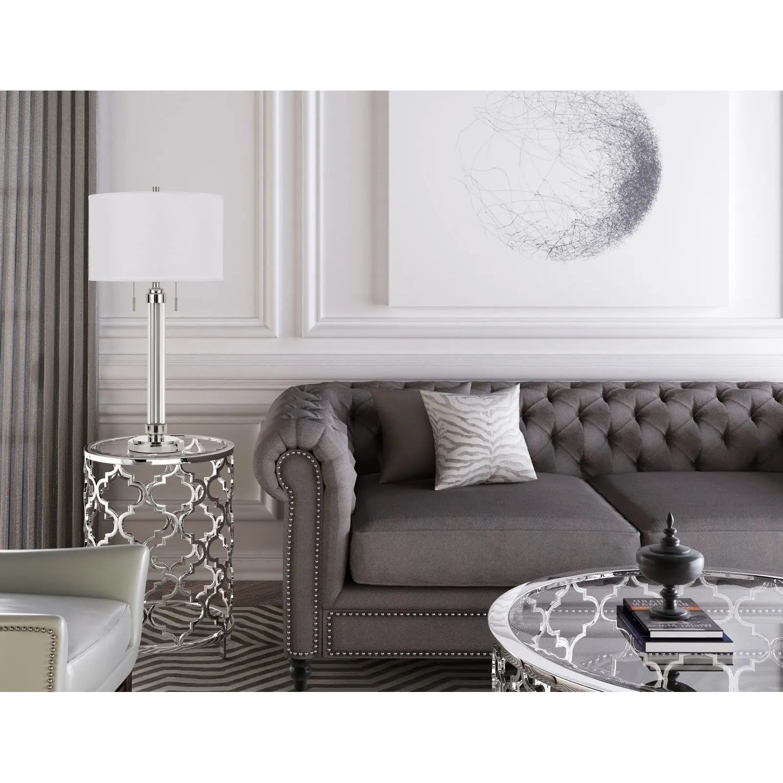 31" Silver Metallic Metal Two Light Cylinder Table Lamp With White Drum Shade Homeroots Lighting