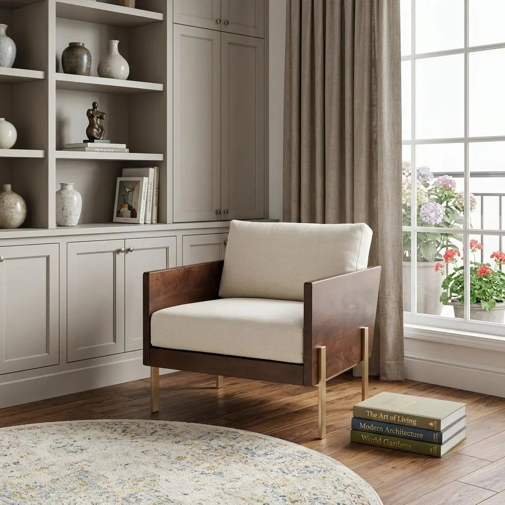 31" White Brown And Gold Top Grain Leather Arm Chair Homeroots Living Room