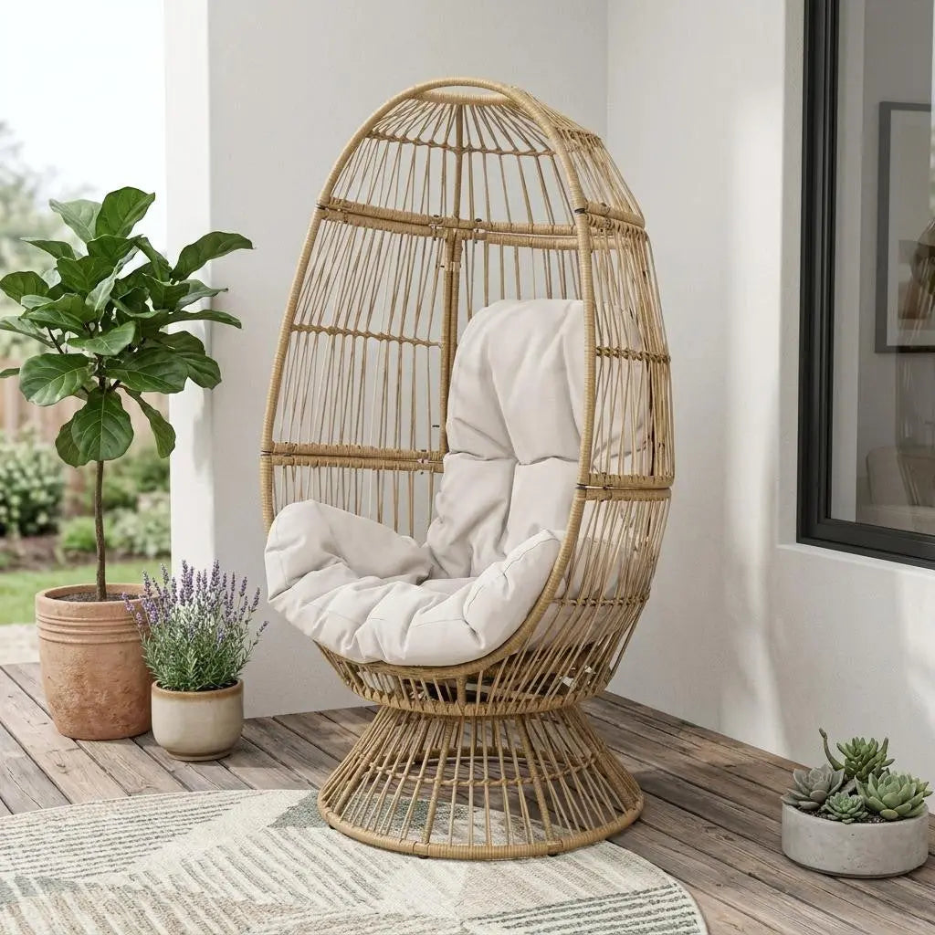 31" White Metal Outdoor Egg Chair with Beige Cushion Homeroots Outdoor