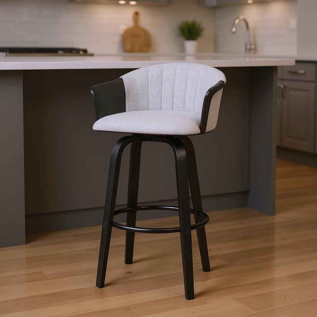 26" Light Gray And Black Fabric Swivel Counter Height Bar Chair