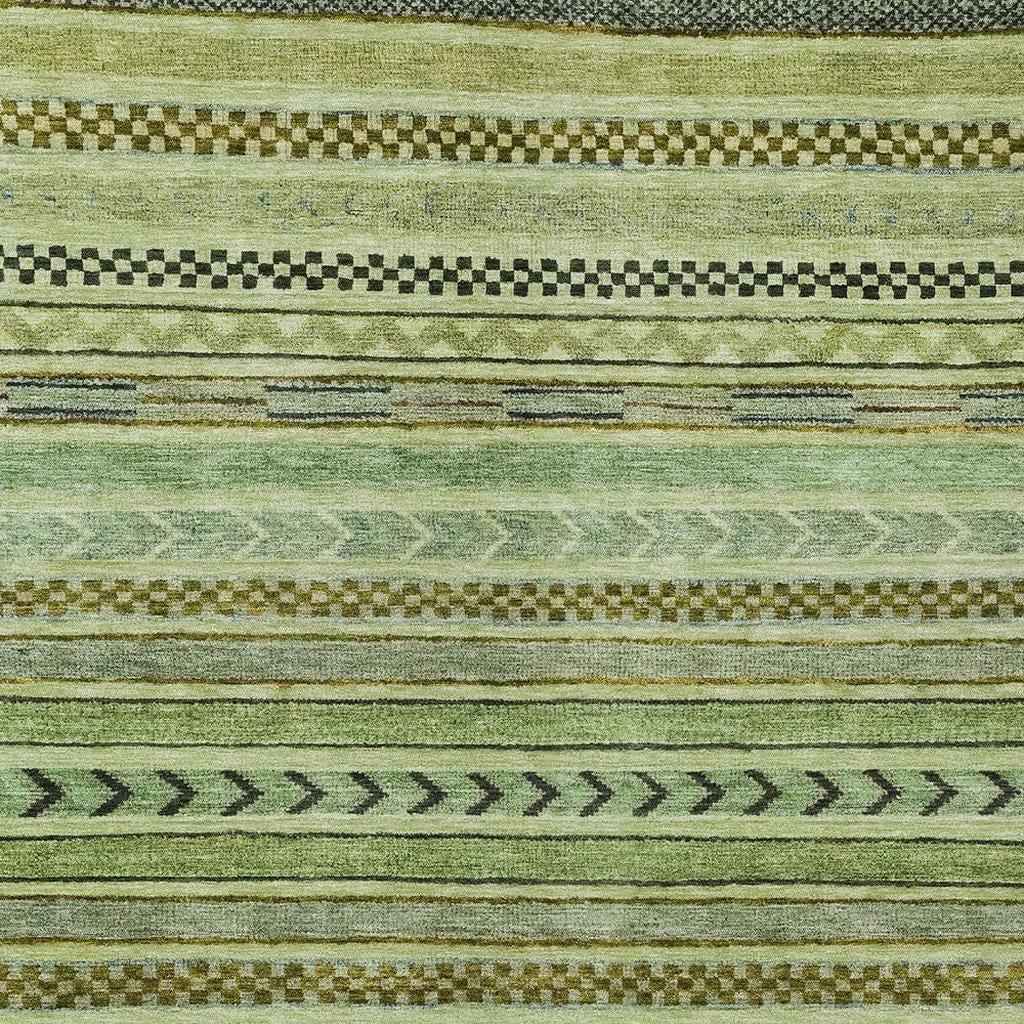 3' X 5' Artichoke Green And Taupe Striped Washable Indoor Outdoor Area Rug