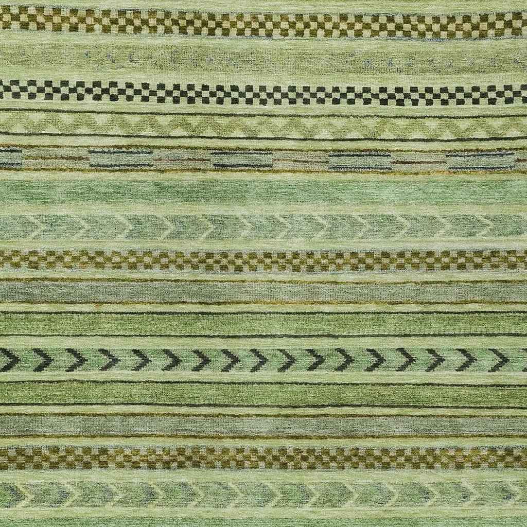 9' X 12' Artichoke Green And Taupe Striped Washable Indoor Outdoor Area Rug