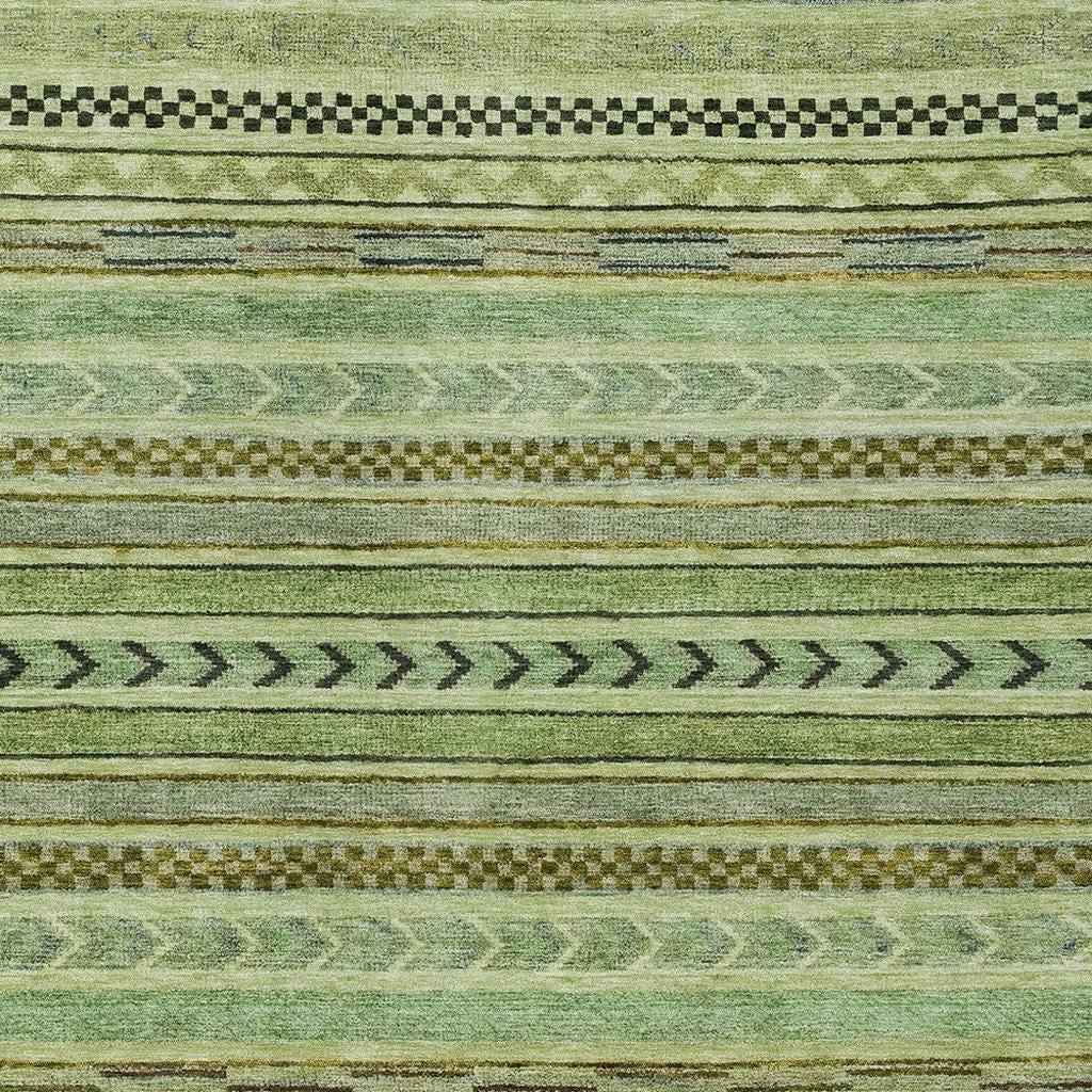 10' X 14' Artichoke Green And Taupe Striped Washable Indoor Outdoor Area Rug