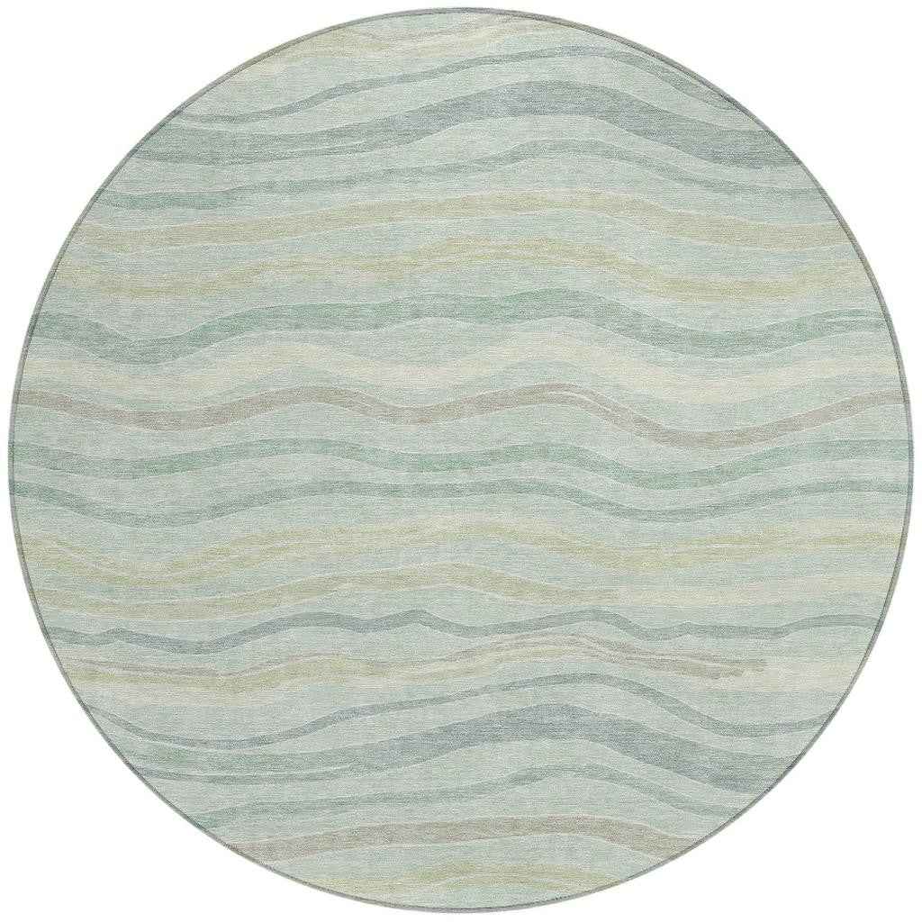 8' Sage And Taupe Round Striped Washable Indoor Outdoor Area Rug