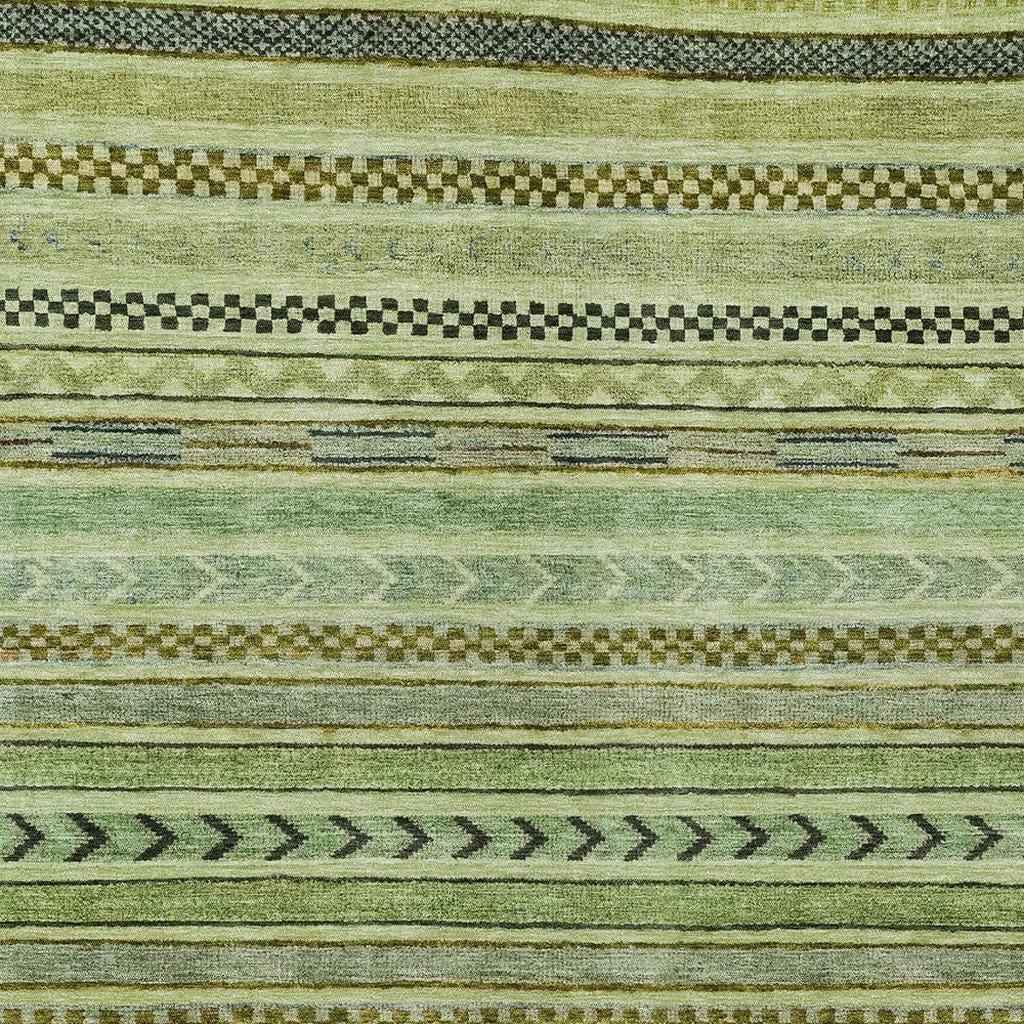 8' X 10' Artichoke Green And Taupe Striped Washable Indoor Outdoor Area Rug