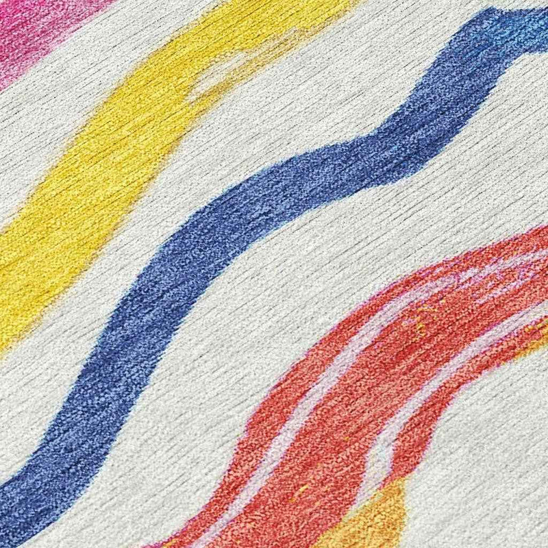 9' X 12' Ivory Blue Pink And Yellow Striped Washable Indoor Outdoor Area Rug