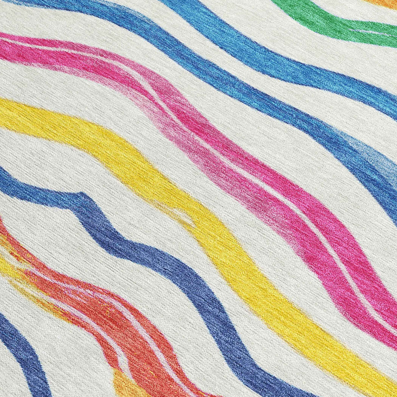 9' X 12' Ivory Blue Pink And Yellow Striped Washable Indoor Outdoor Area Rug