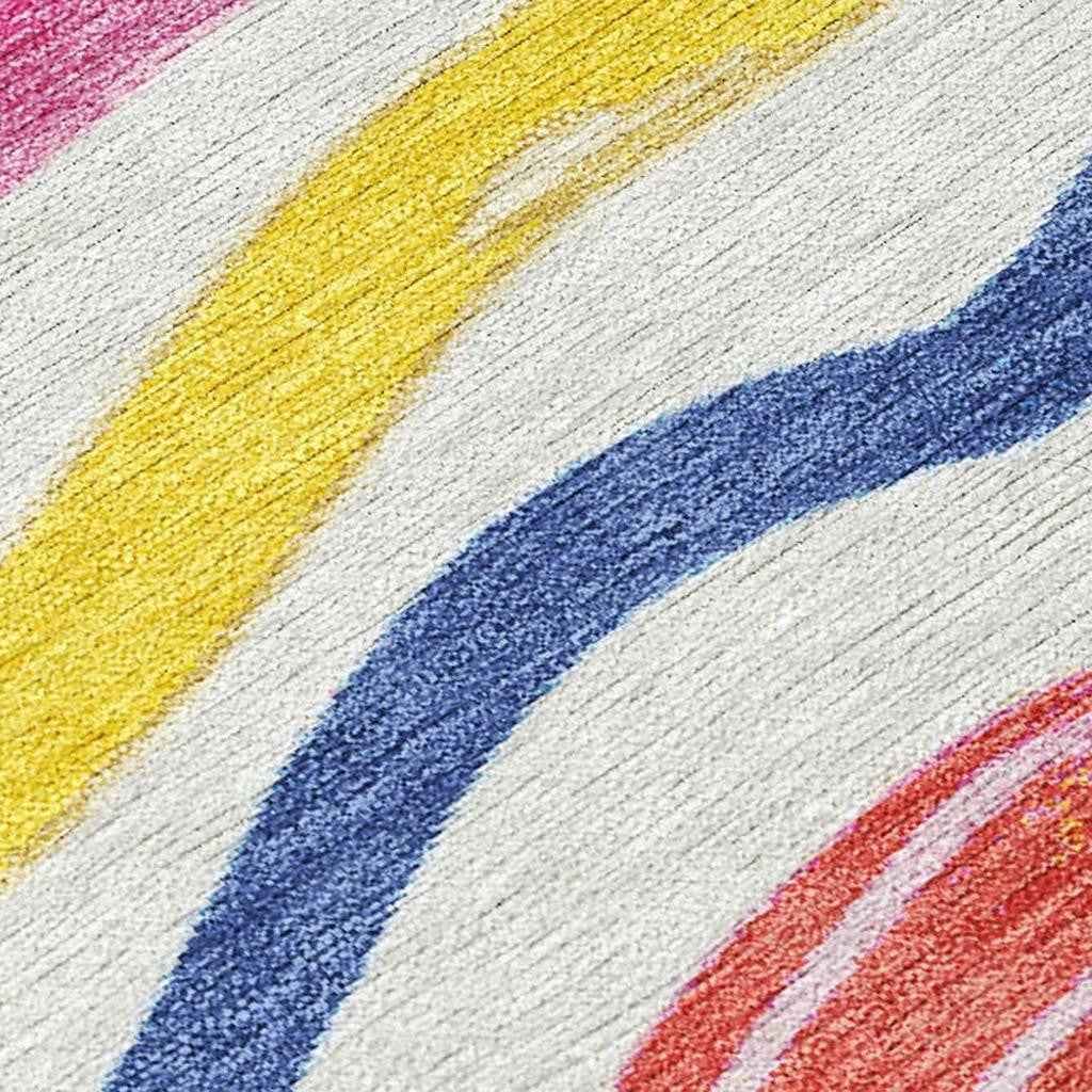 8' X 10' Ivory Blue Pink And Yellow Striped Washable Indoor Outdoor Area Rug