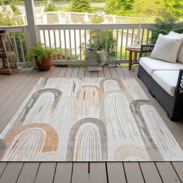3' X 5' Ivory And Taupe Geometric Washable Indoor Outdoor Area Rug
