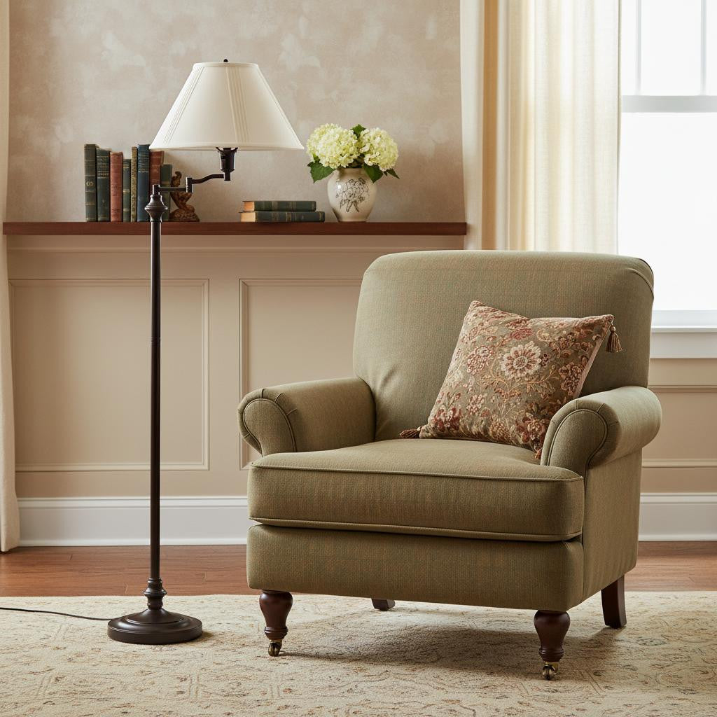 59" Bronze Swing Arm Floor Lamp With Beige Empire Shade - Lighting