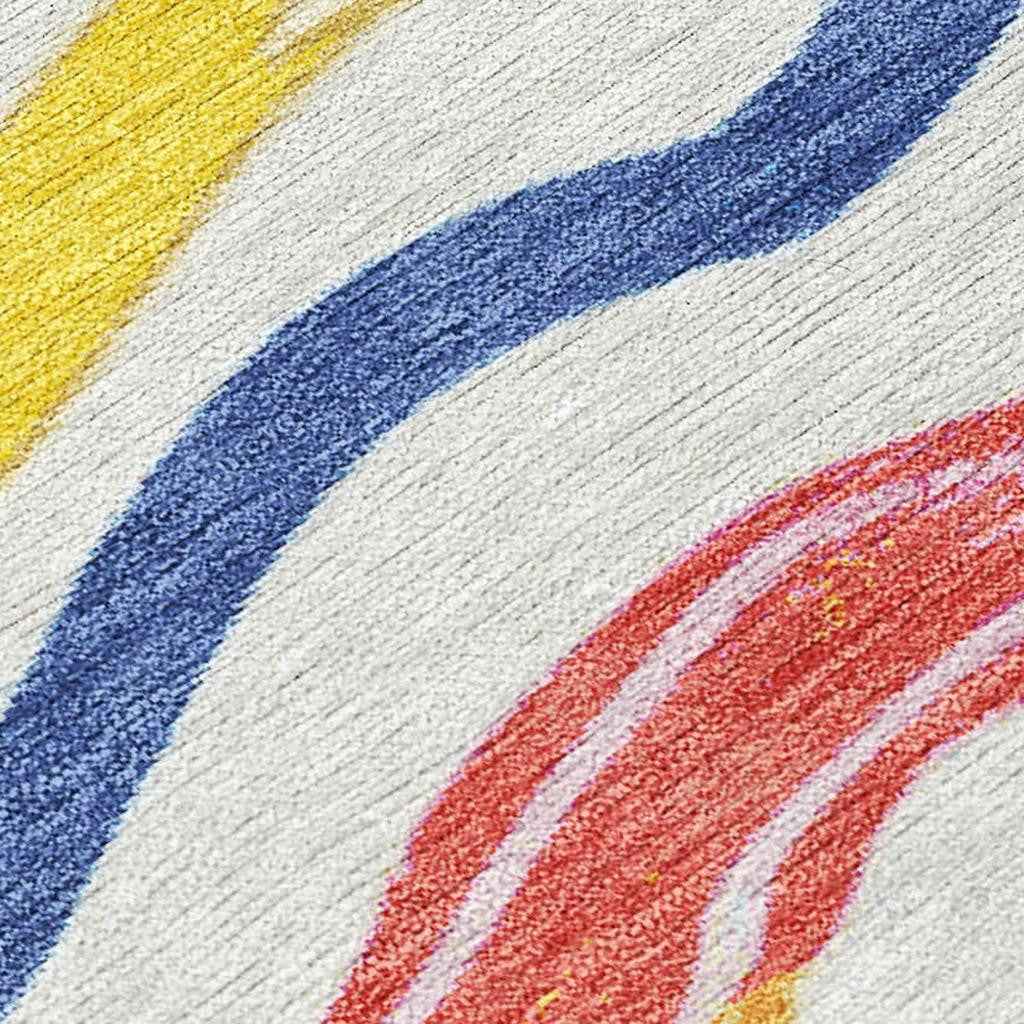 3' X 5' Ivory Blue Pink And Yellow Striped Washable Indoor Outdoor Area Rug