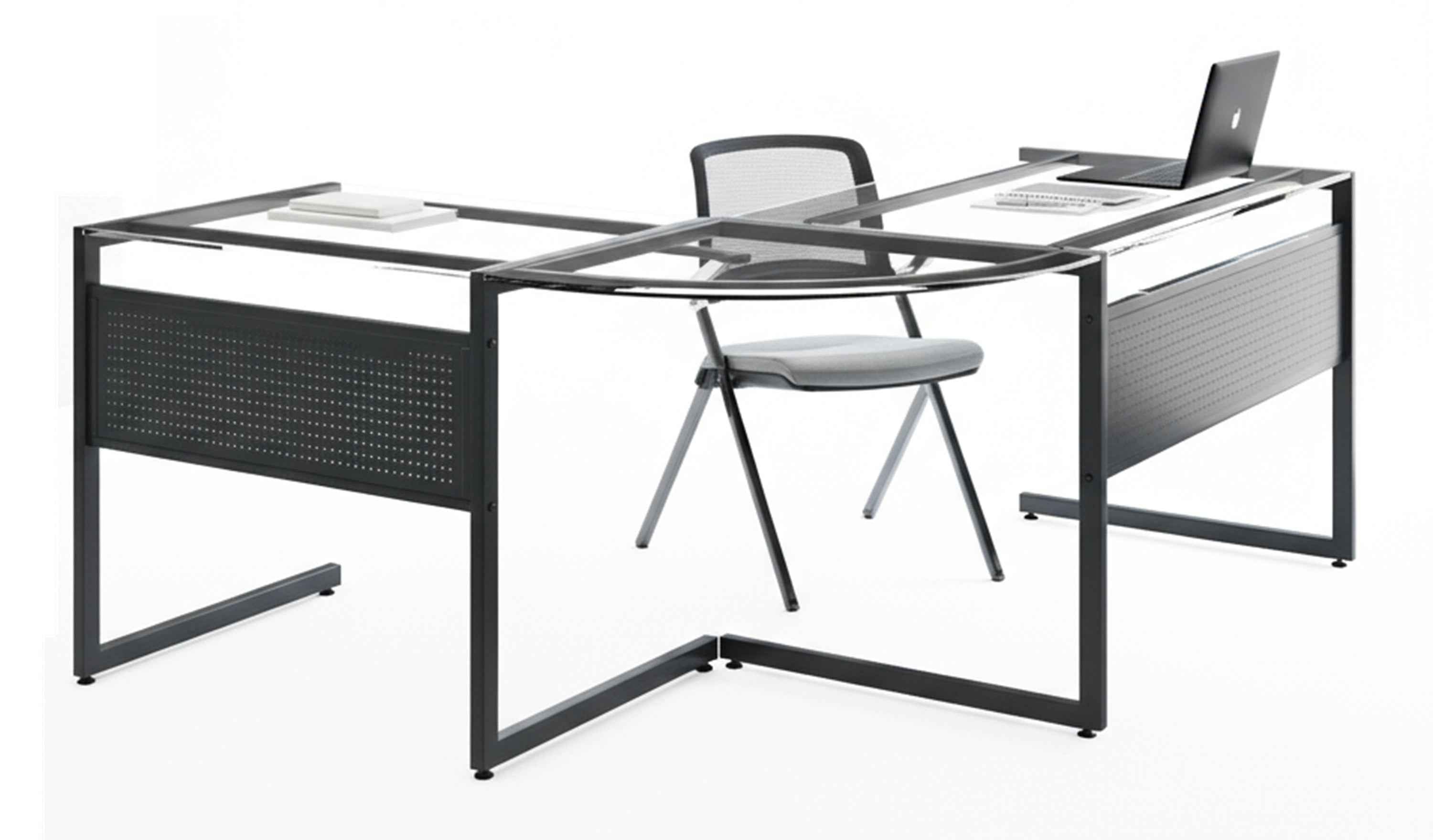 78" Clear and Black Glass and Metal Corner Computer Desk