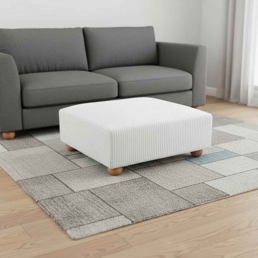 42" White and Natural Corduroy And Fabric Ottoman